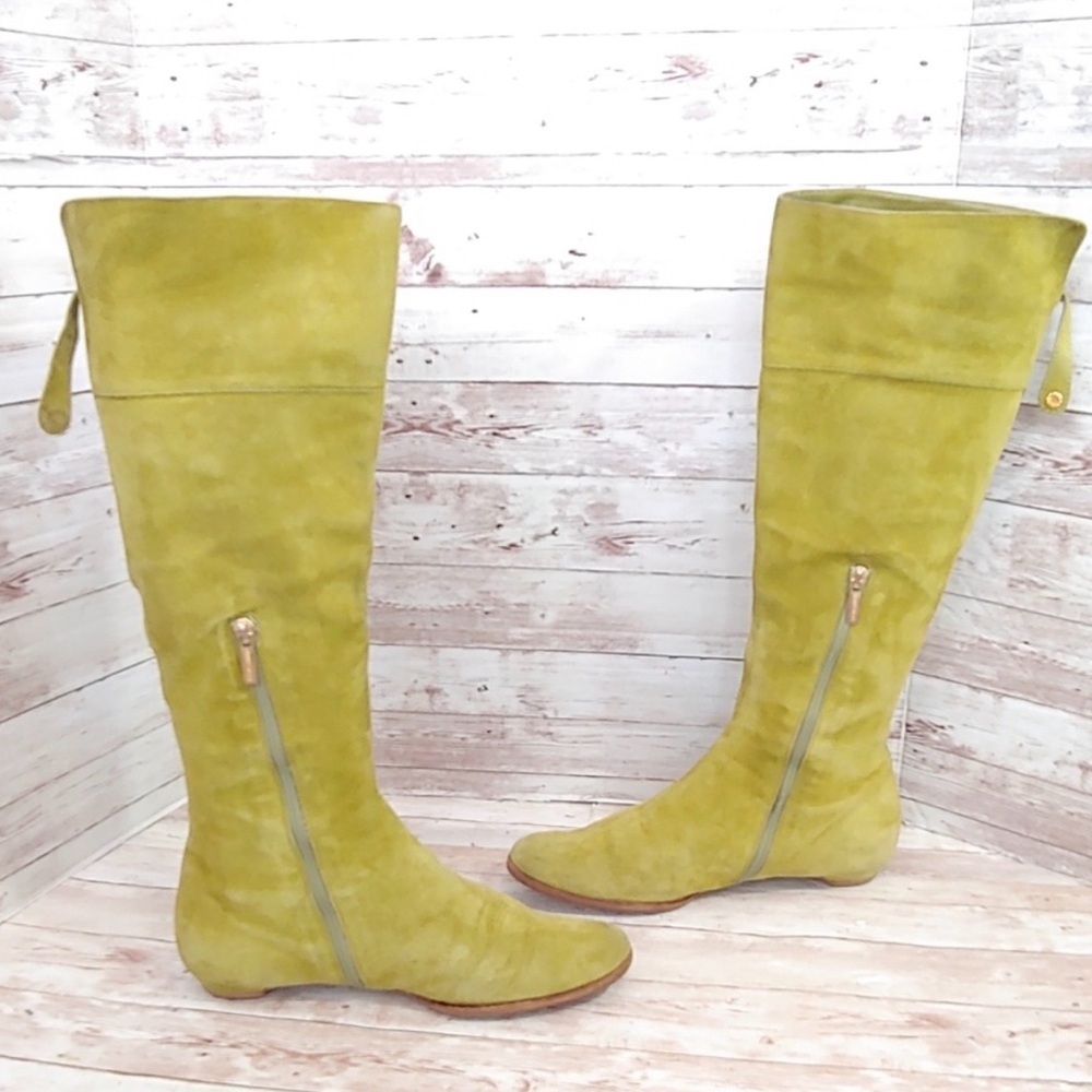 Vintage Jimmy Choo Chartreuse flat Knee-High Suede Boots - Picture 5 of 5